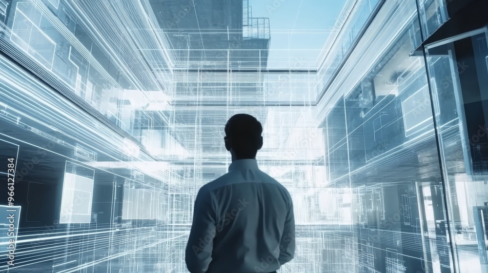 Architect Looking at Blueprint of Modern Building Architect Looking at Blueprint of Modern Building