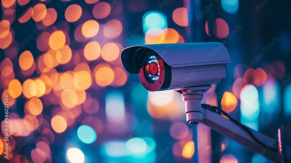 A surveillance camera captures vibrant city lights, emphasizing security and monitoring in an urban environment. A surveillance camera captures vibrant city lights, emphasizing security and monitoring in an urban environment.