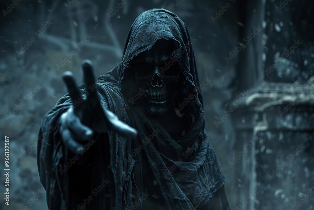 Scary grim reaper with scythe in hell on dark background with dramatic background Scary grim reaper with scythe in hell on dark background with dramatic background