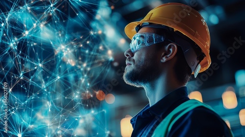 Industrial Worker Looking at Digital Network Visualization