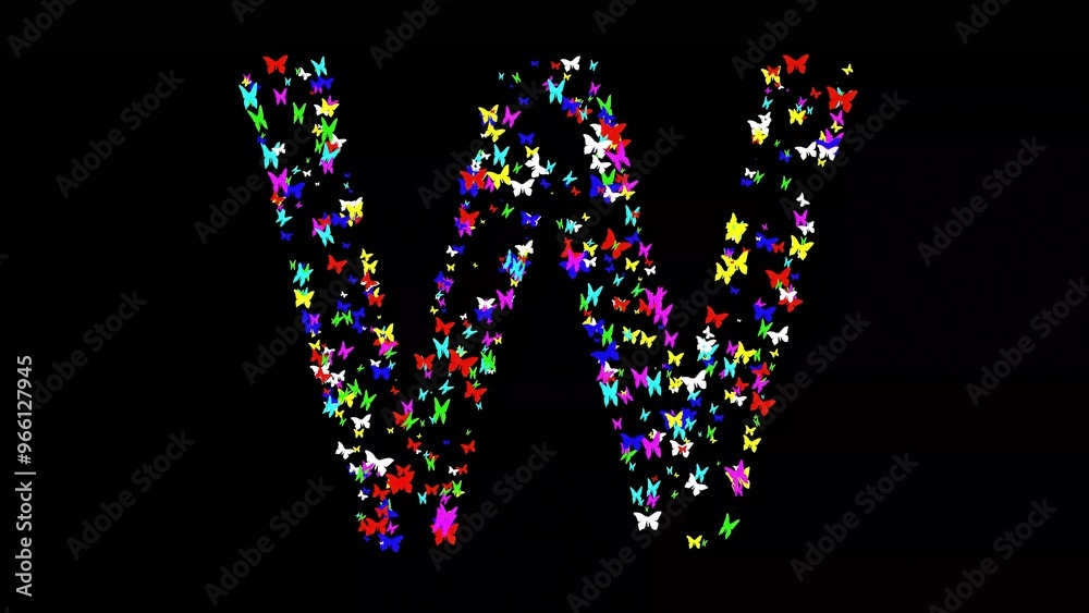 Beautiful illustration of English alphabet W with colorful butterflies on plain black background Beautiful illustration of English alphabet W with colorful butterflies on plain black background