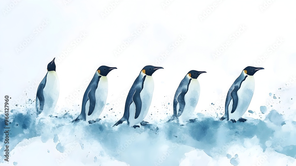 Fototapeta premium Group of Penguins Sliding Down Icy Watercolor Landscape