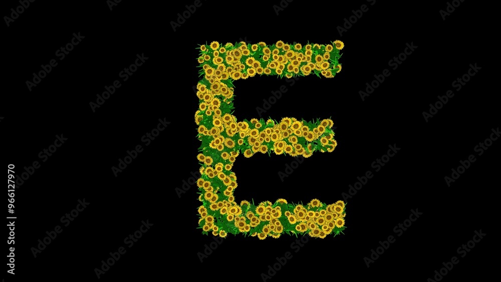 Beautiful illustration of English alphabet E with green leaves and yellow daisy flowers on plain black background Beautiful illustration of English alphabet E with green leaves and yellow daisy flowers on plain black background