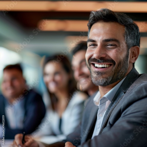 Happy businessman face closeup, a liar businessman rejoices at deception of his partners, smiling