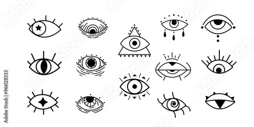 Eye tattoo collection,Editable Eye illustration set, Hand drawn Eye Ink Set,Cool Emo set, Line Drawing of eye,