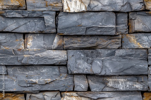 Textured artesia stone cladding wall made of gray slate tiles, showcasing various shades of gray and hints of gold. photo