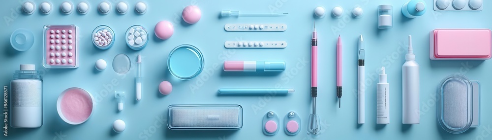 Medical supplies flat design top view healthcare 3D render colored pastel Medical supplies flat design top view healthcare 3D render colored pastel