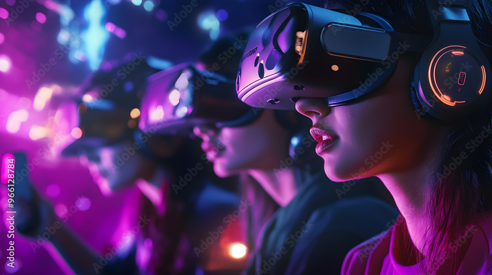 Immersed in vibrant virtual reality experience, three women wear VR headsets, showcasing excitement and engagement of modern technology Immersed in vibrant virtual reality experience, three women wear VR headsets, showcasing excitement and engagement of modern technology