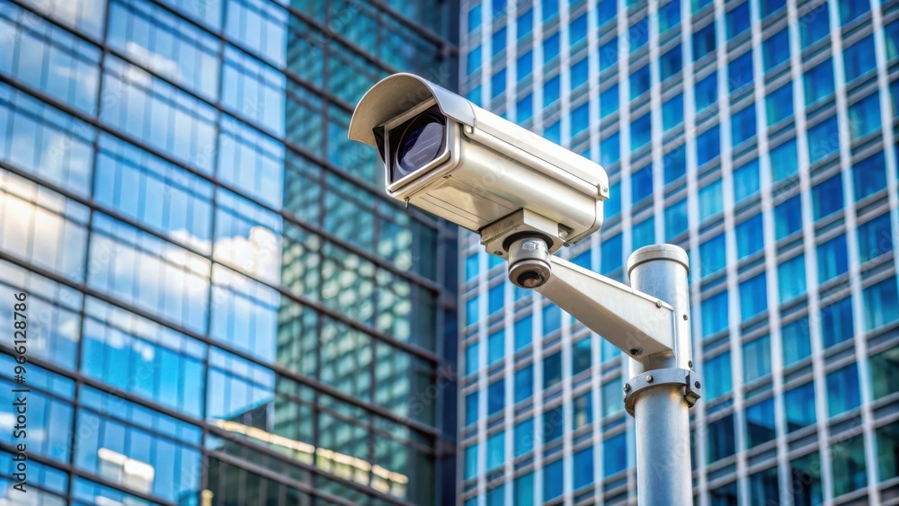 External security camera on pole overlooking glass building facade External security camera on pole overlooking glass building facade