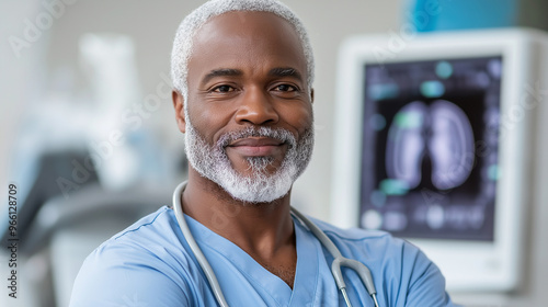 A 58-year-old African American internist with a slightly plump build, standing with crossed arms in a bright and modern ultrasound lab, the well-lit setting showcasing his experien photo