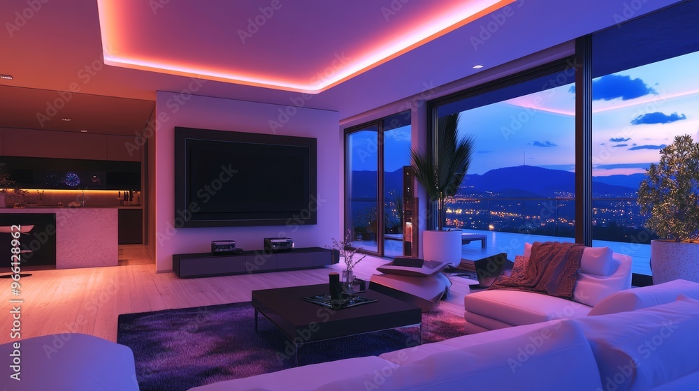 Modern Living Room Interior Design with City View and LED Lighting Modern Living Room Interior Design with City View and LED Lighting