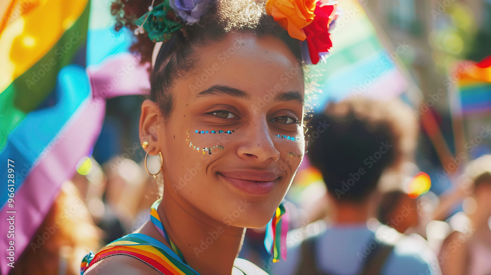 Young woman smiling with rainbow flag at pride rally Young woman smiling with rainbow flag at pride rally