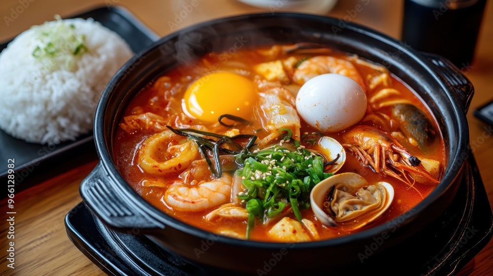 Sundubu Jjigae with Clams, Shrimp, and Vegetables. Korean food