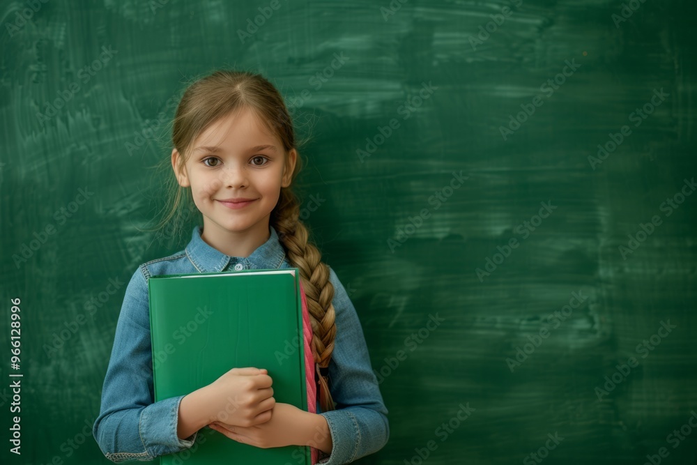 Beautiful girl with folder in hand on school green chalkboard background. Online education and e-learning concept. Back to school Beautiful girl with folder in hand on school green chalkboard background. Online education and e-learning concept. Back to school