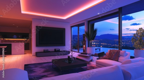 Modern Living Room Interior Design with City View and LED Lighting