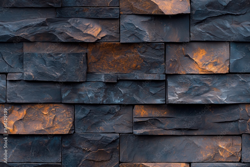 A textured artesia stone cladding wall made of dark slate stone tiles, featuring varying shades of gray and hints of orange. A textured artesia stone cladding wall made of dark slate stone tiles, featuring varying shades of gray and hints of orange.