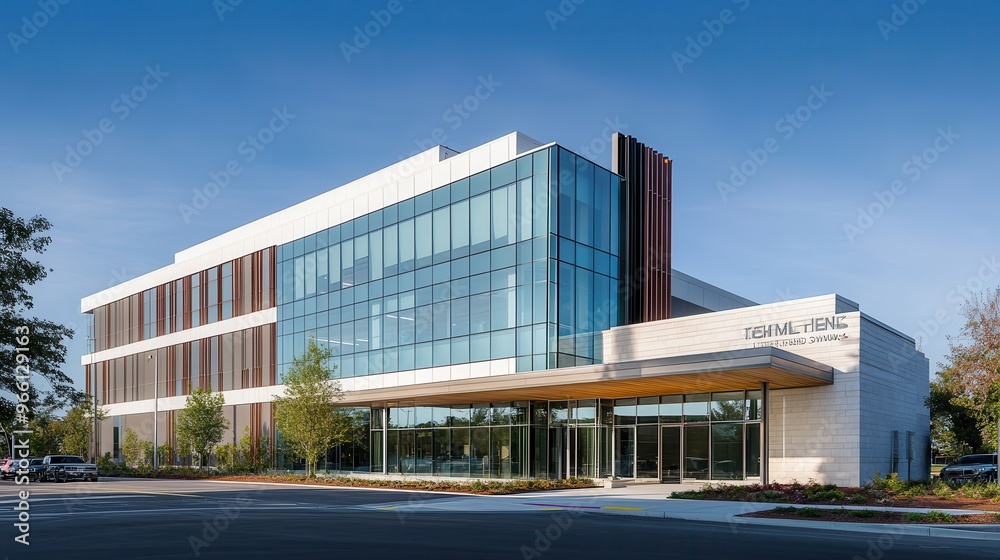Modern medical facility featuring sleek design, large windows, and landscaped entrance, perfect for healthcare-related imagery.