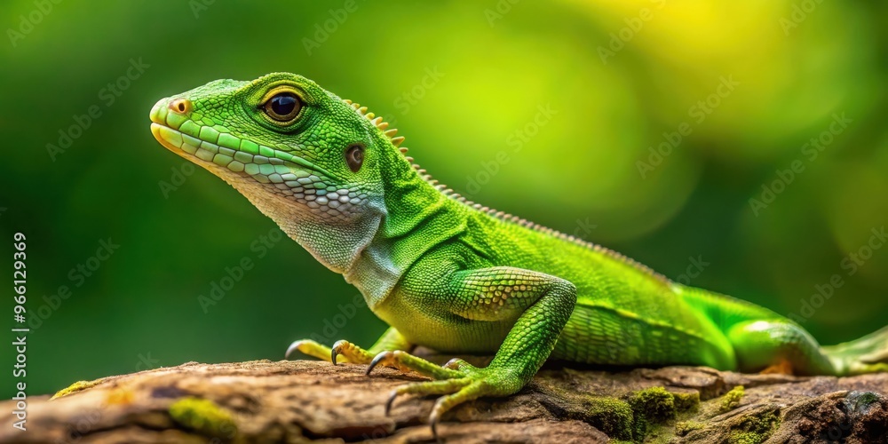 Green lizard with a partially regenerated tail in natural habitat Green lizard with a partially regenerated tail in natural habitat
