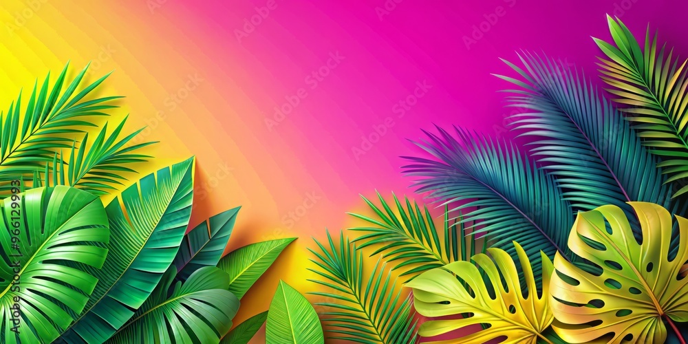 Obraz premium Bright and playful design concept featuring layered tropical leaves in various shades of green against a bold gradient background, transitioning from hot pink to soft yellow