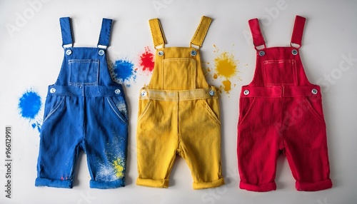 Three baby overalls in blue, red and yellow with paint splatters.