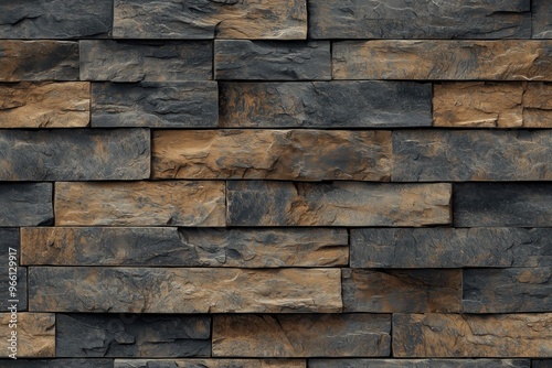 A textured wall made of stacked slate artesia stone cladding in varying shades of gray and brown. The stones are arranged in a horizontal pattern, showcasing natural variations in color and texture.