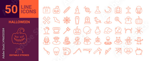 Set of 50 outline icons related to halloween. Linear icon collection. Editable stroke. Vector illustration