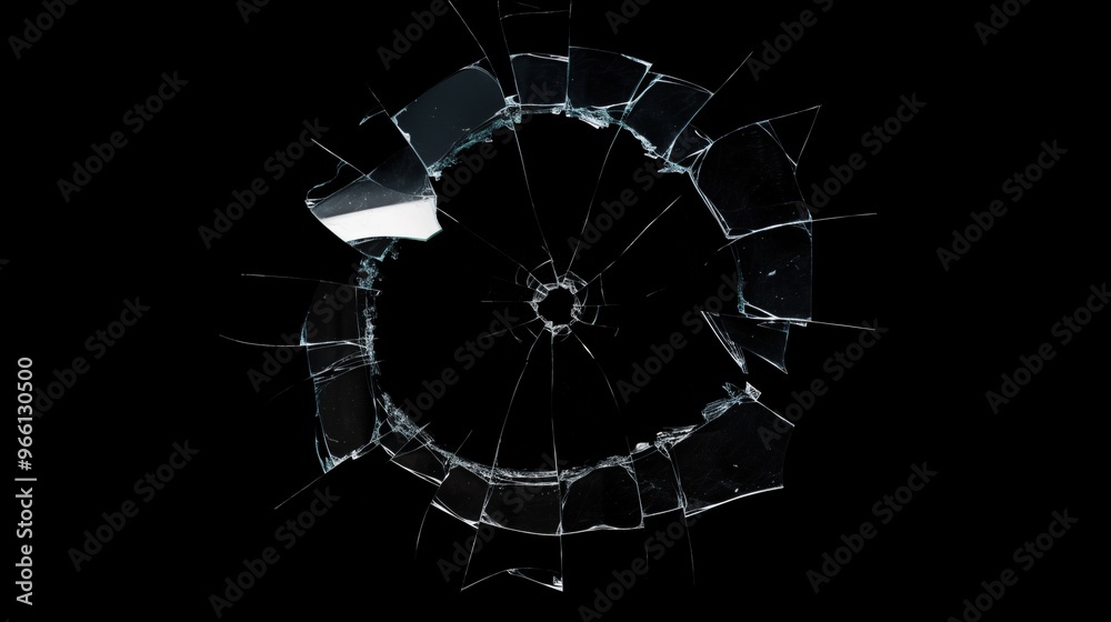 Obraz premium Circular pattern of shattered glass pieces on a black background, showcasing sharp edges and varying sizes of glass fragments radiating outward from a central point.