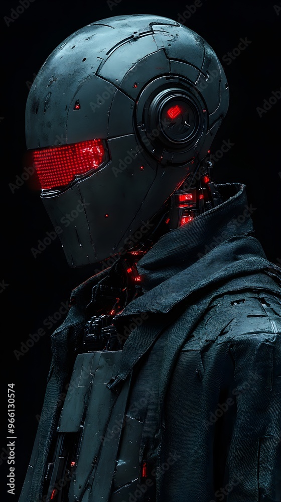 A futuristic android with red eyes and a black coat. A futuristic android with red eyes and a black coat.