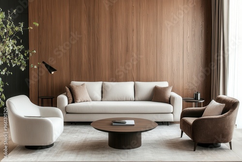 Stylish living room featuring a modern sofa, armchairs, and a round coffee table against a wood accent wall.