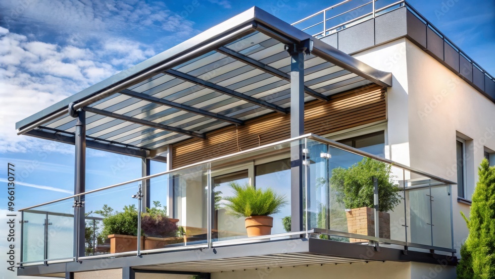 Stylish stainless steel balcony with glass roof and awning Stylish stainless steel balcony with glass roof and awning