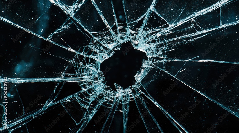Fotografie Shattered glass surface, featuring sharp, jagged edges radiating from a central hole