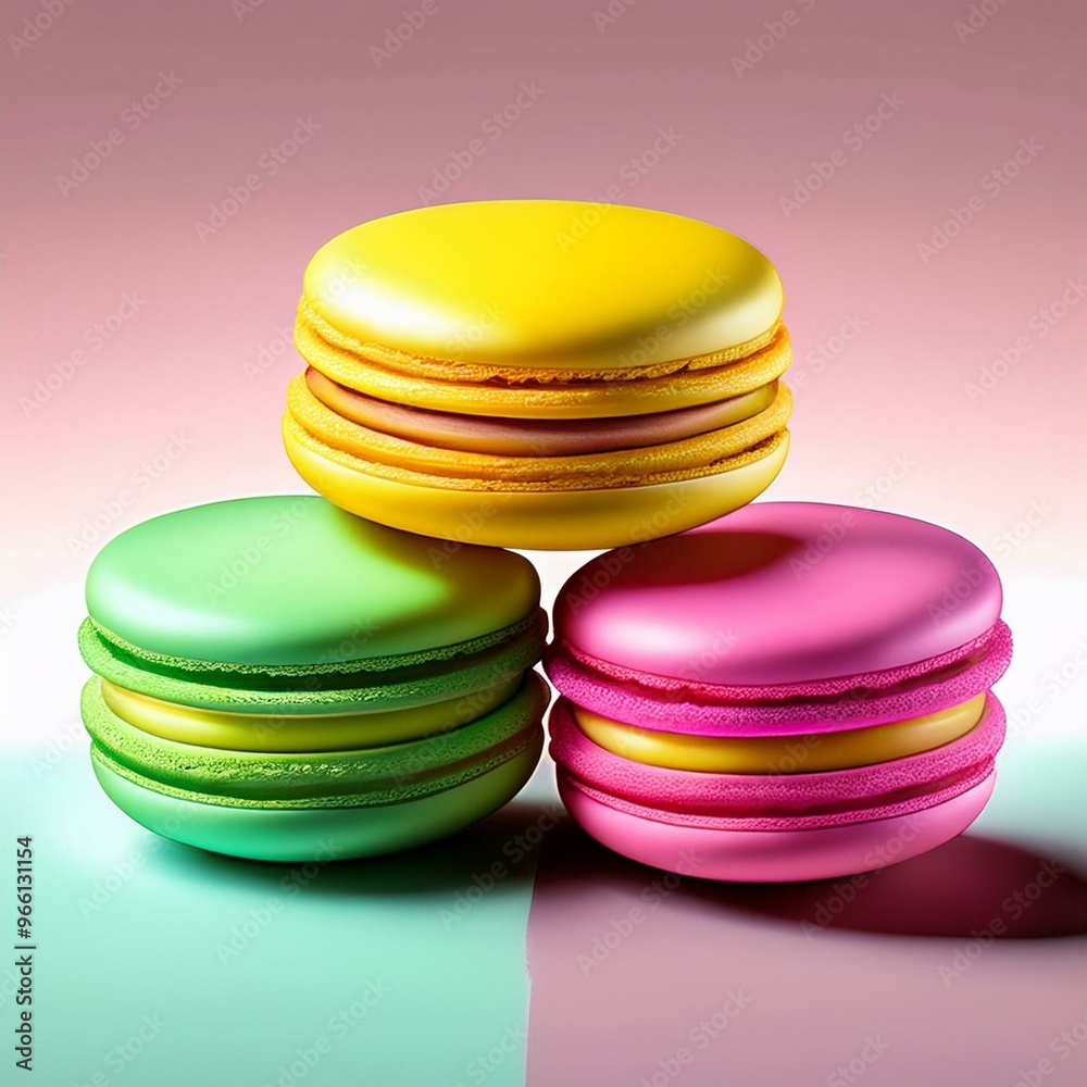 Three colorful macarons, yellow, pink and green. Three colorful macarons, yellow, pink and green.