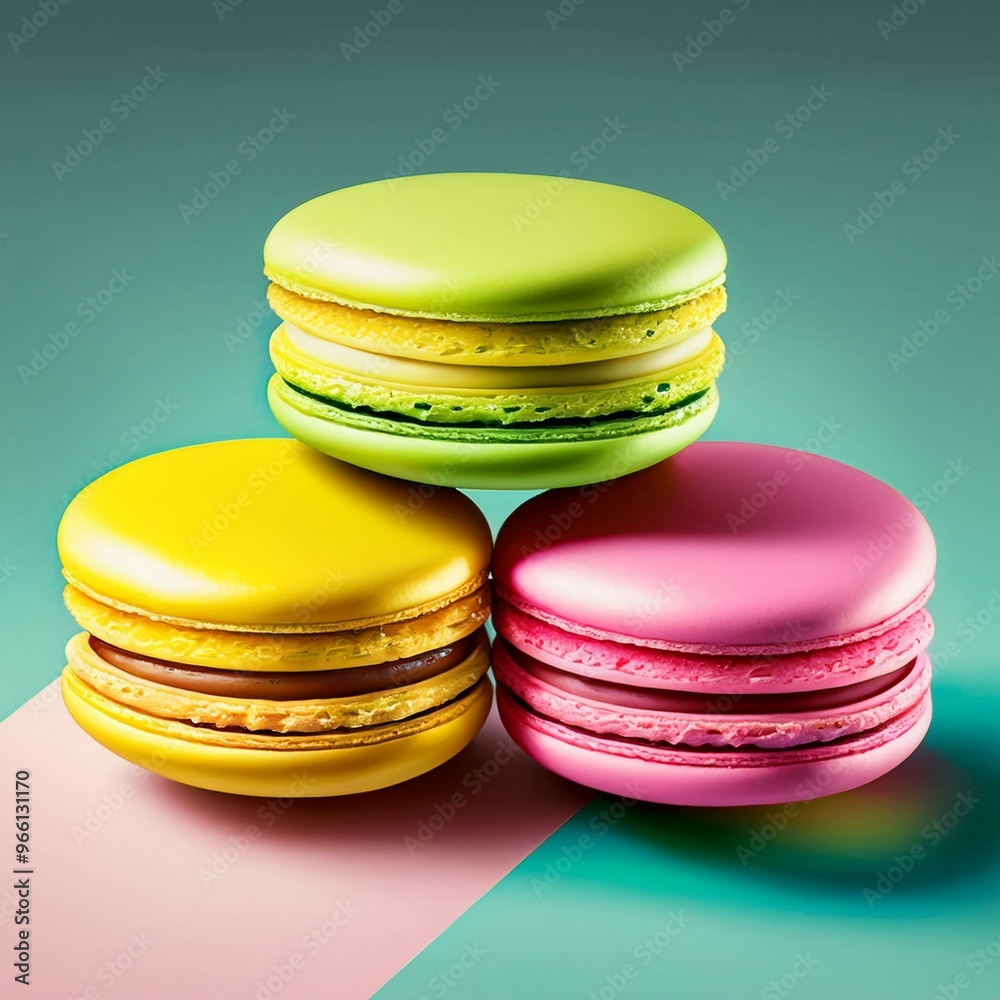 Three colorful macarons, yellow, pink and green. Three colorful macarons, yellow, pink and green.