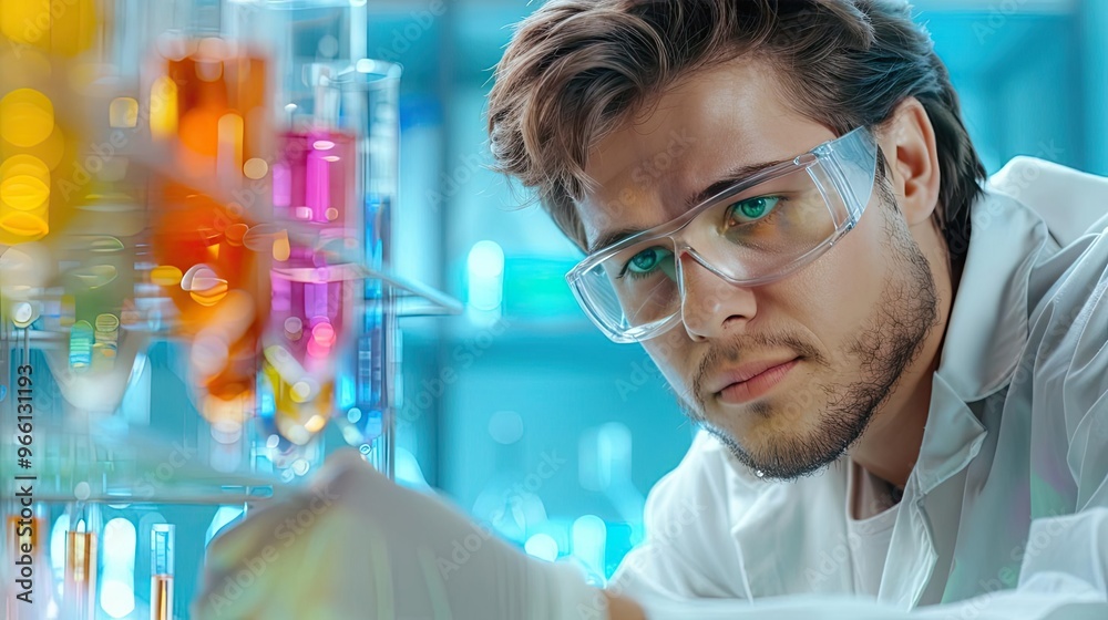 Young scientist in a lab making a groundbreaking discovery, colorful test tubes and glowing computer screens, medium closeup, excited expression, soft laboratory lighting, Young scientist in a lab making a groundbreaking discovery, colorful test tubes and glowing computer screens, medium closeup, excited expression, soft laboratory lighting,