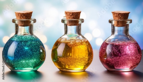 Three colorful potion bottles with cork stoppers, filled with sparkling liquid.