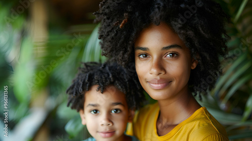 Portrait Smiling Mother And Son Sitting Balc photo