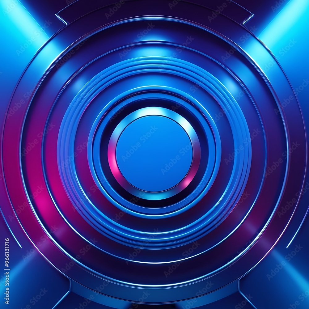 Obraz premium A modern tech-inspired wallpaper featuring a vibrant blue hue with linear circular patterns, symbolizing innovation and technology. 3D rendering enhances the futuristic aesthetic.