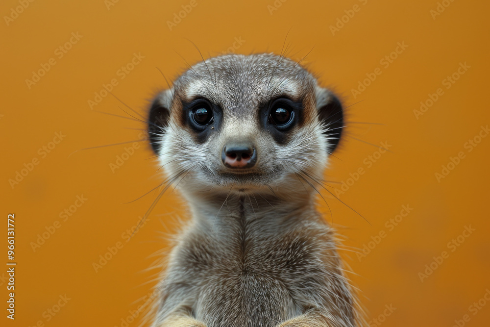 Close-up portrait of a meerkat against a plain orange background, resembling an art model in a creative learning environment or art school setting Close-up portrait of a meerkat against a plain orange background, resembling an art model in a creative learning environment or art school setting