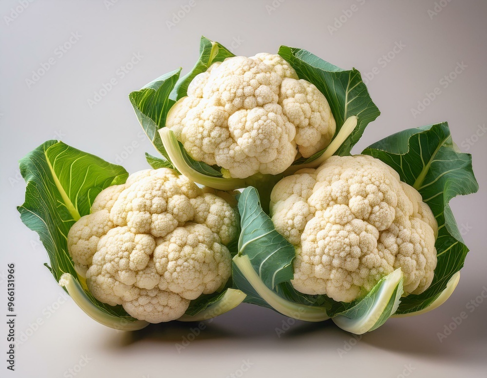 Three fresh cauliflower florets with green leaves. Three fresh cauliflower florets with green leaves.
