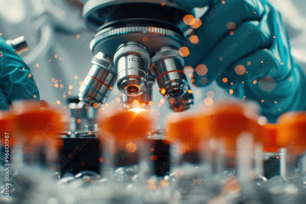 Fototapeta premium Scientist in lab coat using microscope to analyze samples under laboratory conditions