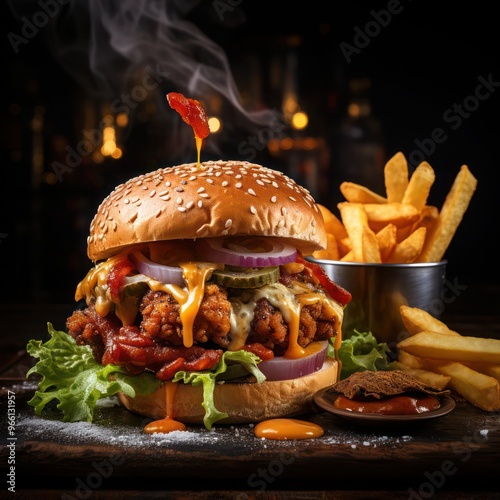 a delicious buffalo chicken burger loaded with tomatoes, lettuce, drizzled with mayonaise and served with fries