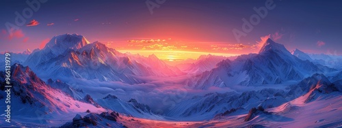 Tian Shan Peaks: A dramatic shot of snow-capped peaks under a vibrant sunrise. photo