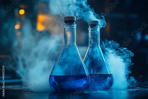 Two blue flasks emitting smoke