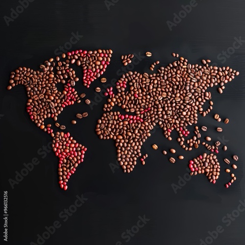 A whimsical map of the world made entirely of coffee beans, with each regions beans reflecting its unique coffeegrowing characteristics, focus cover all object, deep dept of field photo