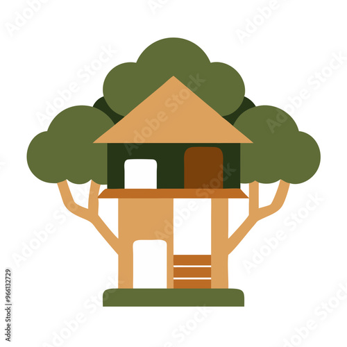 Treehouse in stylized vector design, green and beige tones
