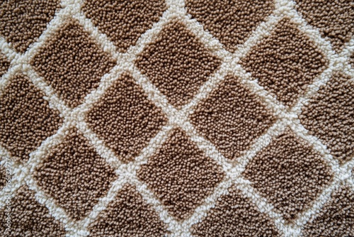 Textured carpet featuring a diamond pattern in shades of brown and cream. The design showcases a plush, soft surface with a geometric arrangement. photo