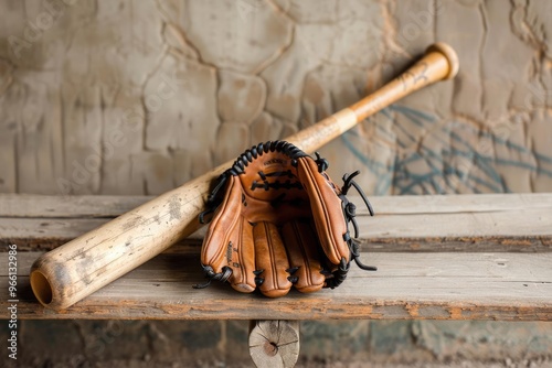 A vintage baseball bat and glove displayed on an old wooden bench