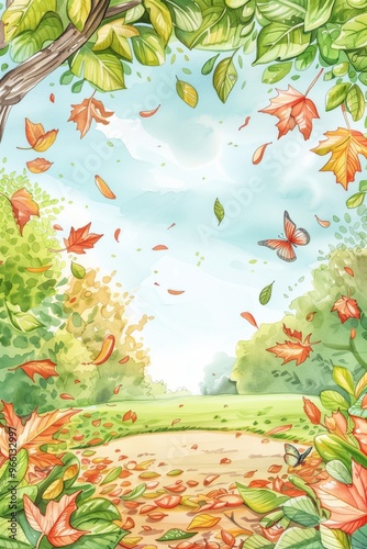 A painting of a park with a butterfly flying in the air