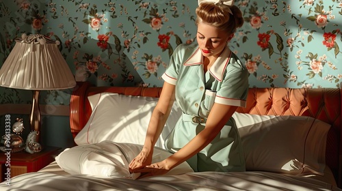 A vintageinspired illustration of a 1950s housekeeper in a classic uniform, skillfully making a bed in a retrostyle bedroom with floral wallpaper and nostalgic decor