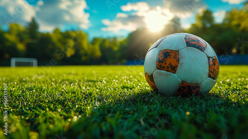 Soccer Ball on Lush Green Football Field in Vibrant Sunset with Goalpost in Background, Perfect for Sports and Outdoor Recreation Themes photo